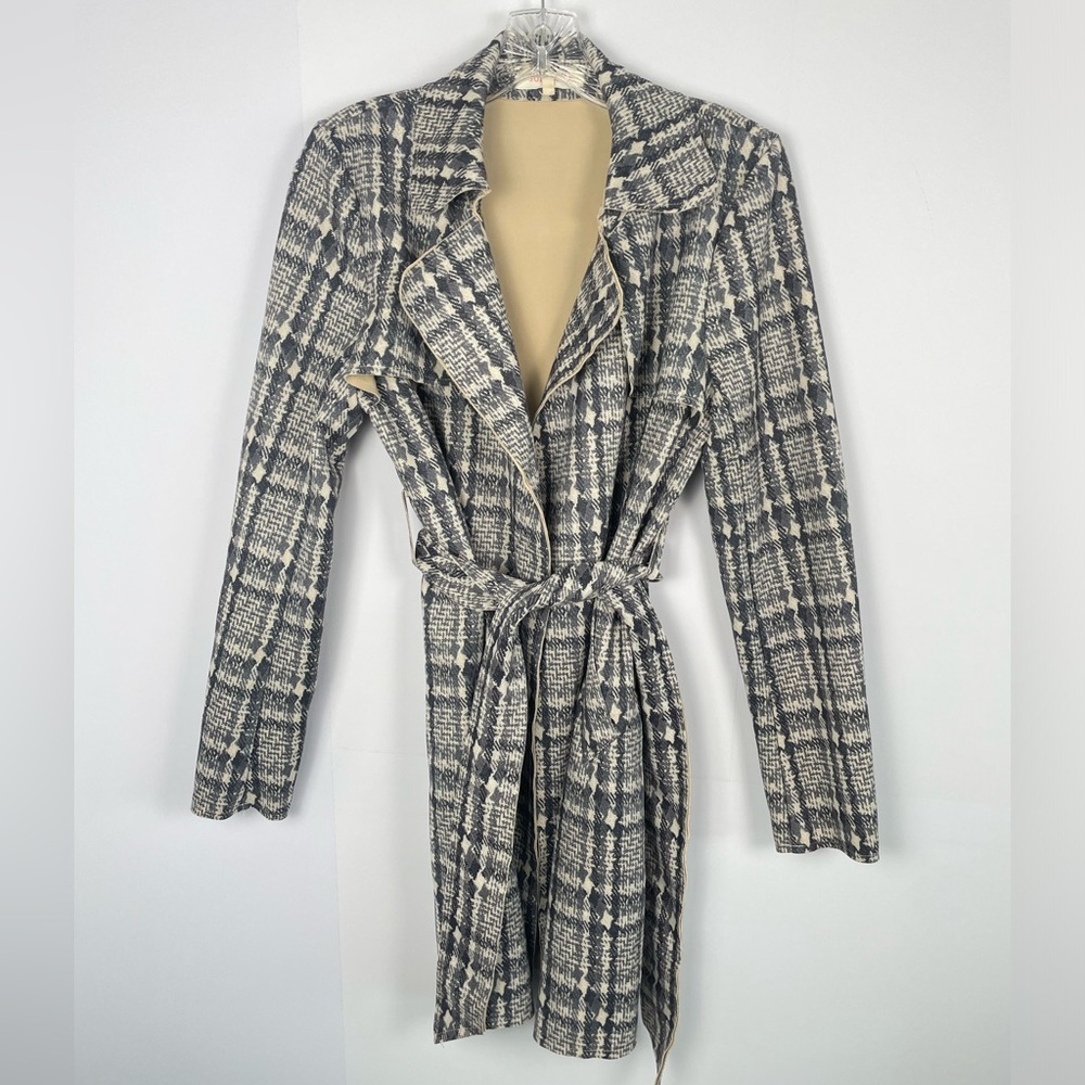 Solitaire Tie Open Front Houndstooth Plaid Grey Blue Cream Trench Coat Size Smal